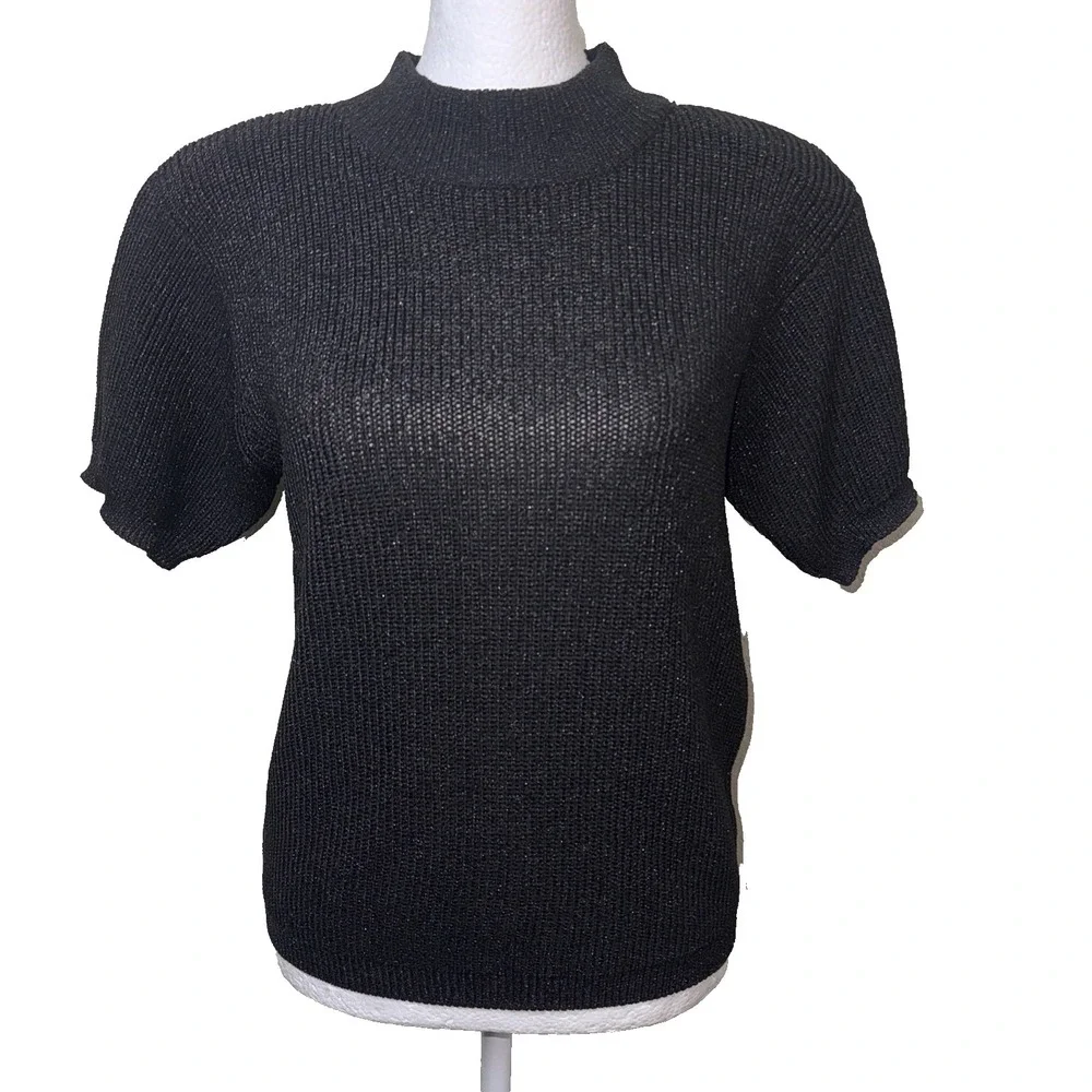 Vintage Gardy California Black Metallic Knit Mock Neck Sweater Top Small Shimmer